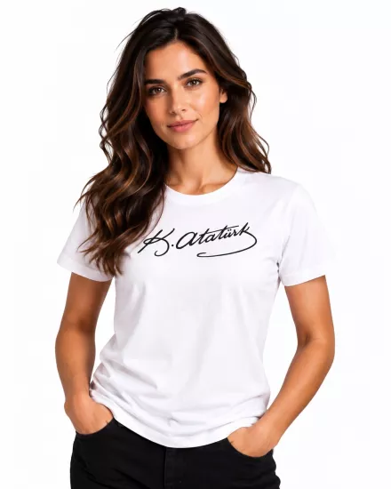 Etifa Atatürk İmzalı Beyaz Premium Unisex %100 Pamuk Siyah Baskılı Tişört