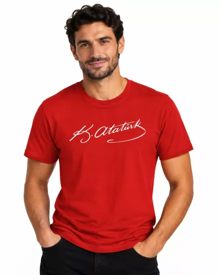 Etifa Atatürk İmzalı Kırmızı Premium Unisex %100 Pamuk Beyaz Baskılı Tişört
