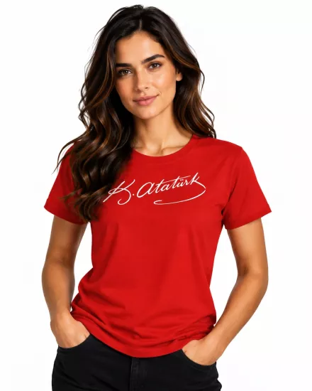 Etifa Atatürk İmzalı Kırmızı Premium Unisex %100 Pamuk Beyaz Baskılı Tişört