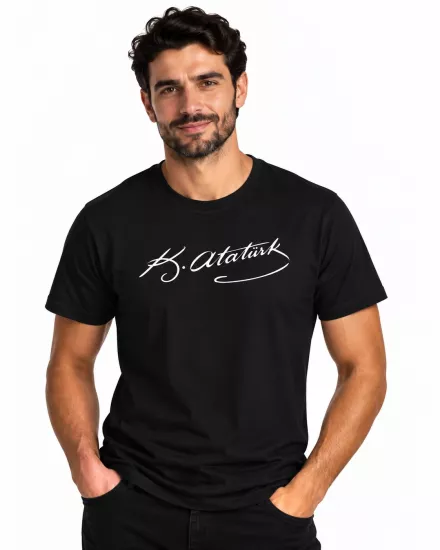 Etifa Atatürk İmzalı Siyah Premium Unisex %100 Pamuk Beyaz Baskılı Tişört