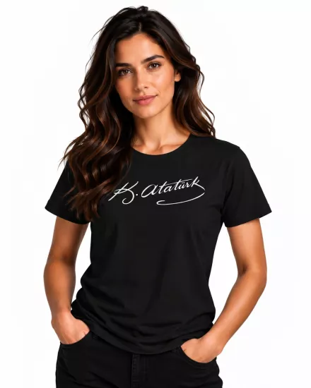Etifa Atatürk İmzalı Siyah Premium Unisex %100 Pamuk Beyaz Baskılı Tişört