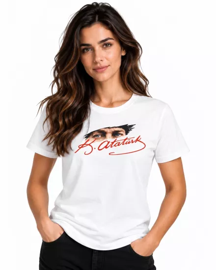 Etifa Atatürk Gözleri Ve Kırmızı İmza Baskılı Beyaz Unisex %100 Pamuk Premium Tişört
