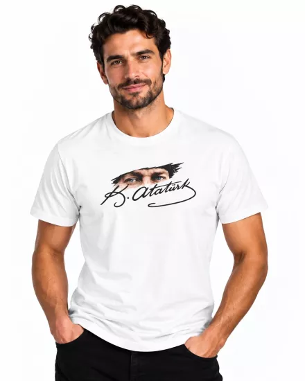 Etifa Atatürk Gözleri Ve Siyah İmza Baskılı Beyaz Unisex %100 Pamuk Premium Tişört