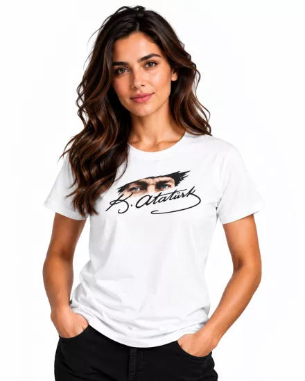 Etifa Atatürk Gözleri Ve Siyah İmza Baskılı Beyaz Unisex %100 Pamuk Premium Tişört