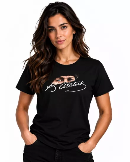 Etifa Atatürk Gözleri Ve Beyaz İmza Baskılı Unisex %100 Pamuk Premium Siyah Tişört