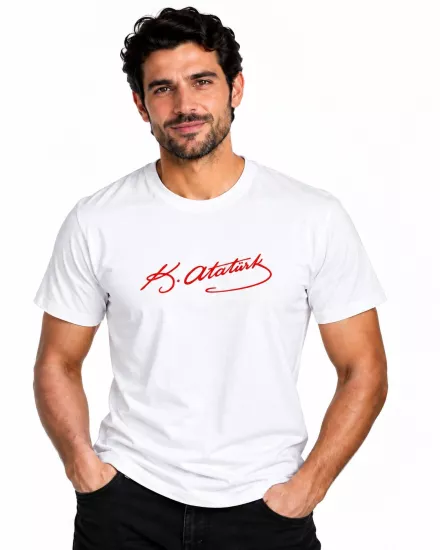 Etifa Atatürk İmzalı Beyaz Premium Unisex %100 Pamuk Kırmızı Baskılı Tişört