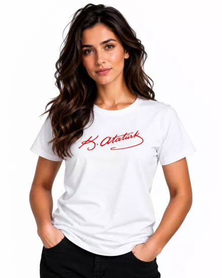 Etifa Atatürk İmzalı Beyaz Premium Unisex %100 Pamuk Kırmızı Baskılı Tişört
