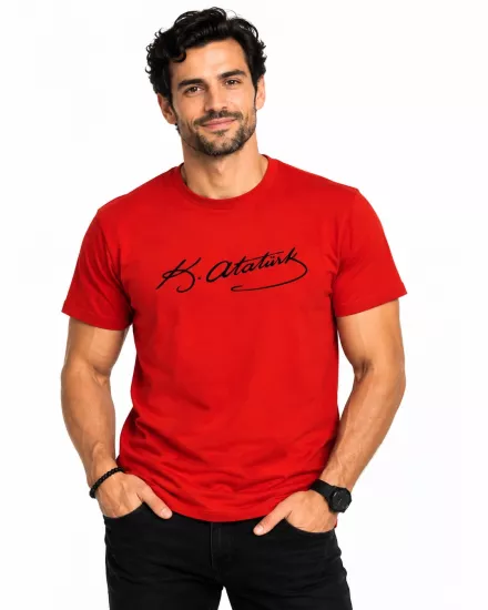 Etifa Atatürk İmzalı Kırmızı Premium Unisex %100 Pamuk Siyah Baskılı Tişört