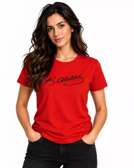 Etifa Atatürk İmzalı Kırmızı Premium Unisex %100 Pamuk Siyah Baskılı Tişört