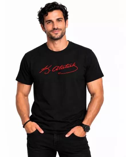 Etifa Atatürk İmzalı Siyah Premium Unisex %100 Pamuk Kırmızı Baskılı Tişört