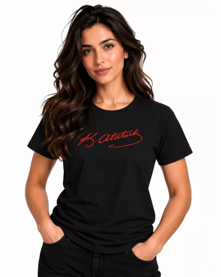 Etifa Atatürk İmzalı Siyah Premium Unisex %100 Pamuk Kırmızı Baskılı Tişört
