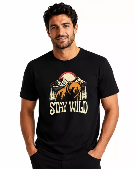 Etifa Stay Wild Ayı Baskılı Siyah Unisex Tişört %100 Pamuk Premium Outdoor T-Shirt