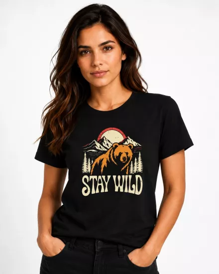 Etifa Stay Wild Ayı Baskılı Siyah Unisex Tişört %100 Pamuk Premium Outdoor T-Shirt