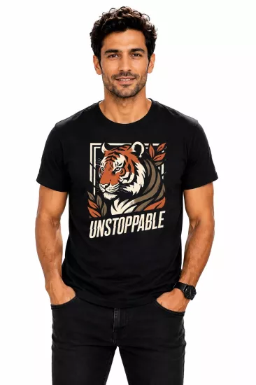 Etifa Unstoppable Kaplan Baskılı Siyah Unisex Tişört %100 Pamuk Premium T-Shirt