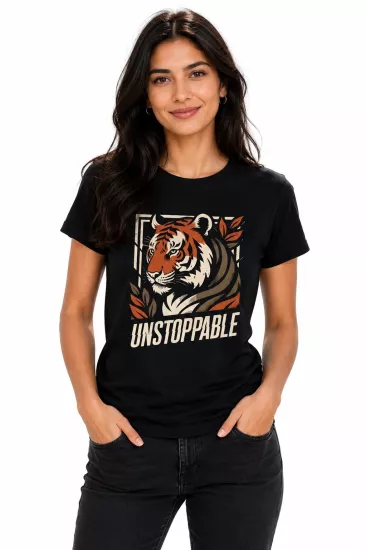 Etifa Unstoppable Kaplan Baskılı Siyah Unisex Tişört %100 Pamuk Premium T-Shirt