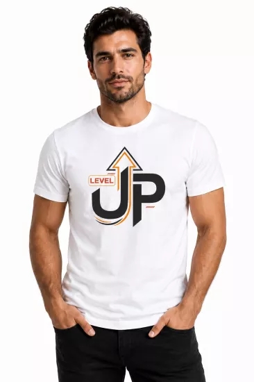 Etifa Level Up Premium Unisex Tişört %100 Pamuk Modern Beyaz Tişört