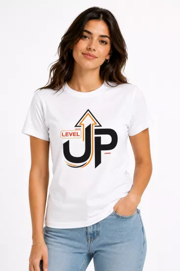 Etifa Level Up Premium Unisex Tişört %100 Pamuk Modern Beyaz Tişört