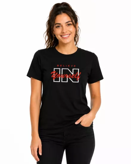 Etifa Believe In Yourself Premium Unisex Tişört %100 Pamuk Modern Siyah Tişört