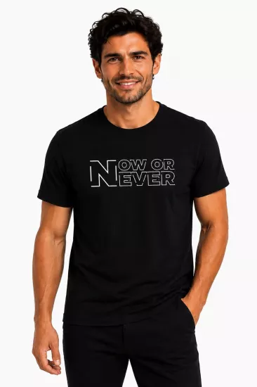 Etifa Now Or Never Premium Unisex Tişört %100 Pamuk Modern Siyah Tişört