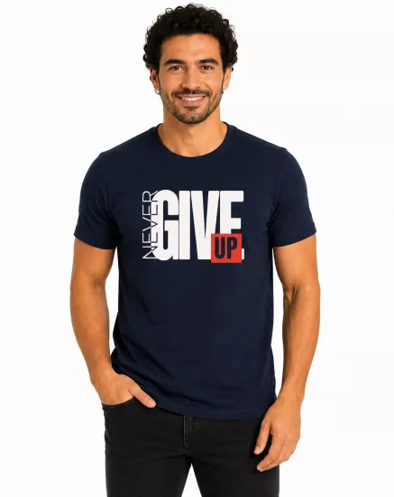 Etifa Never Give Up Premium Unisex Tişört %100 Pamuk Modern Lacivert Tişört