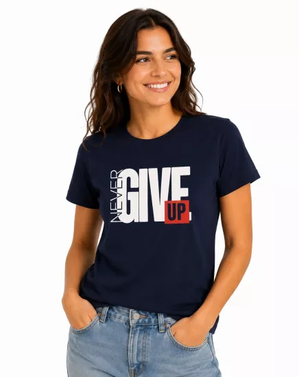 Etifa Never Give Up Premium Unisex Tişört %100 Pamuk Modern Lacivert Tişört