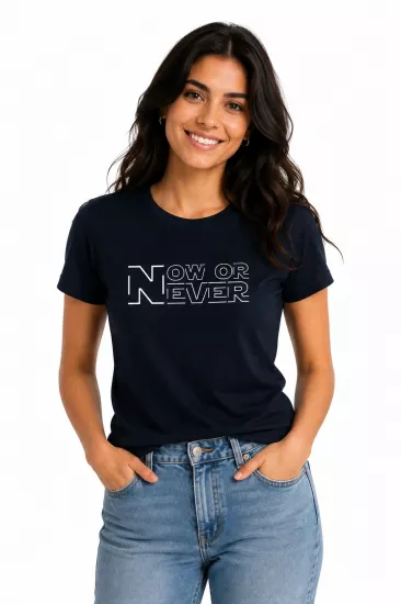 Etifa Now Or Never Premium Unisex Tişört %100 Pamuk Modern Lacivert Tişört