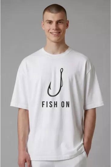 Etifa Oversize Balıkçı Tişörtü Fish On %100 Pamuk Premium Beyaz Unisex