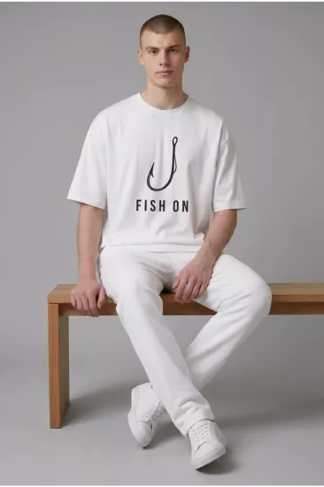 Etifa Oversize Balıkçı Tişörtü Fish On %100 Pamuk Premium Beyaz Unisex