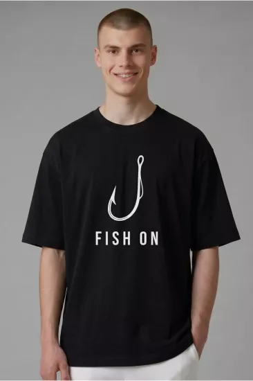 Etifa Oversize Balıkçı Tişörtü Fish On %100 Pamuk Premium Siyah Unisex