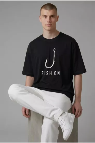 Etifa Oversize Balıkçı Tişörtü Fish On %100 Pamuk Premium Siyah Unisex