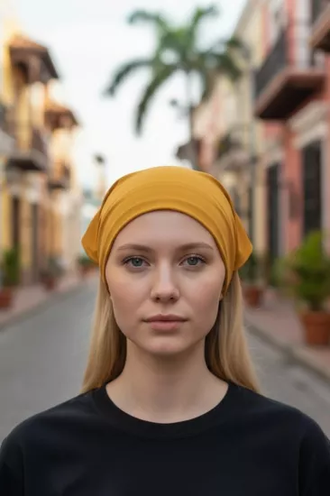 Üçgen Bandana Fular Bone Mutfak ve Aşçı Bone Likralı Soft Hardal