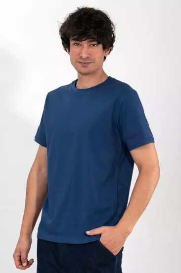 %100 Pamuk Basic Tişört Rahat Kalıp Unisex Günlük Spor T-Shirt Mavi
