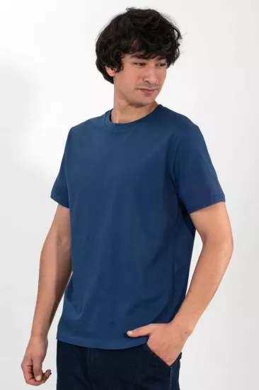 %100 Pamuk Basic Tişört Rahat Kalıp Unisex Günlük Spor T-Shirt Mavi