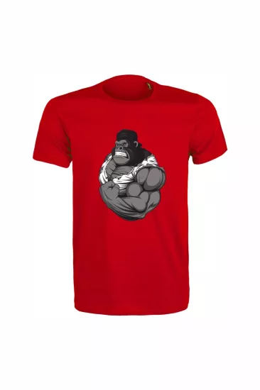 Gorilla Baskılı Unisex Kırmızı %100 Pamuk Regular Fit Tişört  Günlük & Spor Tarz T-Shirt
