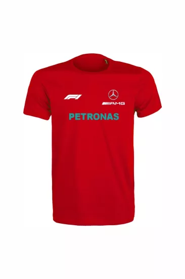 Unisex Kırmızı %100 Pamuk Regular Fit Tişört – Mercedes AMG F1 Baskılı, Spor T-Shirt