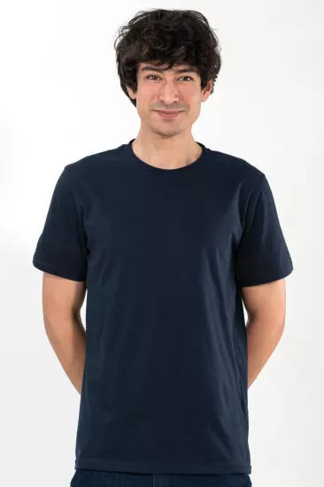 %100 Pamuk Basic Tişört Rahat Kalıp Unisex Günlük Spor T-Shirt Lacivert
