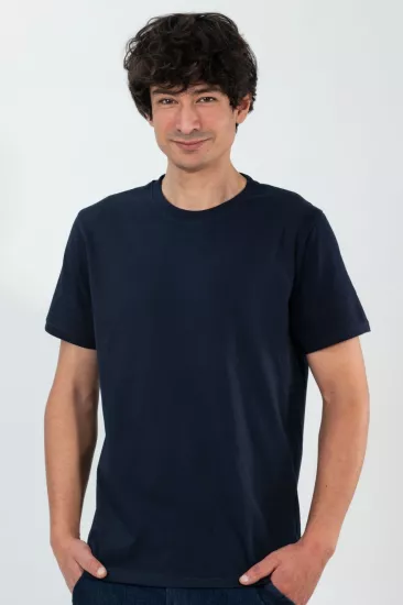 %100 Pamuk Basic Tişört Rahat Kalıp Unisex Günlük Spor T-Shirt Lacivert