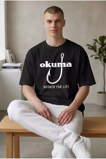 Etifa Oversize Balıkçı Tişörtü Okuma Hooked For Life %100 Pamuk Premium Siyah Unisex