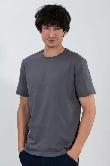 %100 Pamuk Basic Tişört Rahat Kalıp Unisex Günlük Spor T-Shirt Füme