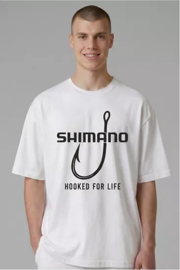 Etifa Oversize Balıkçı Tişörtü Shimano Hooked For Life %100 Pamuk Premium Beyaz Unisex