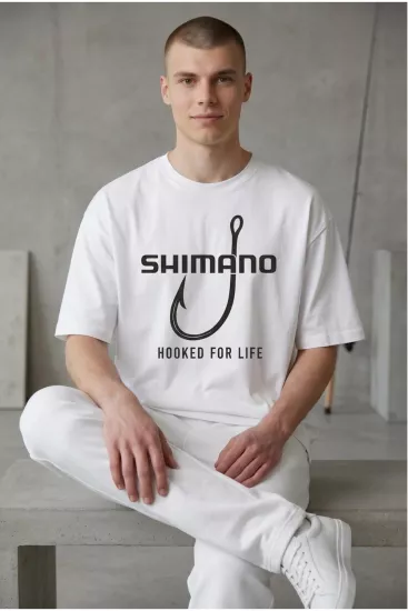 Etifa Oversize Balıkçı Tişörtü Shimano Hooked For Life %100 Pamuk Premium Beyaz Unisex