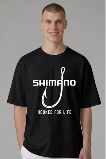 Etifa Oversize Balıkçı Tişörtü Shimano Hooked For Life %100 Pamuk Premium Siyah Unisex