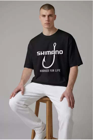 Etifa Oversize Balıkçı Tişörtü Shimano Hooked For Life %100 Pamuk Premium Siyah Unisex