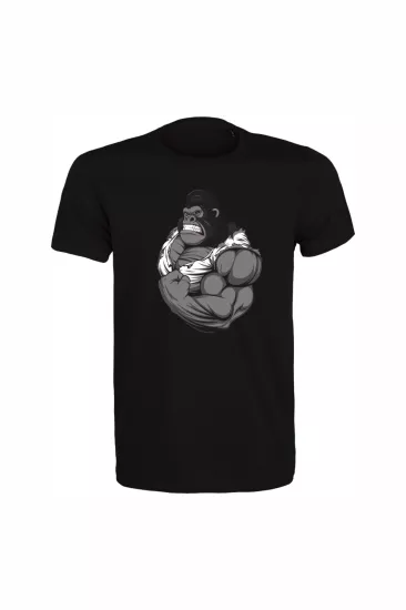 Gorilla Baskılı Unisex Siyah %100 Pamuk Regular Fit Tişört  Günlük & Spor Tarz T-Shirt