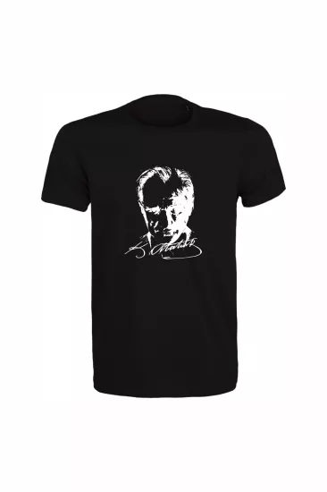 Unisex Siyah %100 Pamuk Regular Tişört – Beyaz Atatürk Baskılı, Günlük T-Shirt