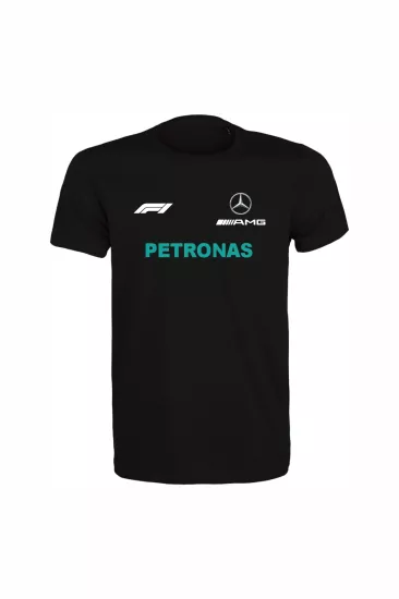 Unisex Siyah %100 Pamuk Regular Fit Tişört – Mercedes AMG F1 Baskılı, Spor T-Shirt